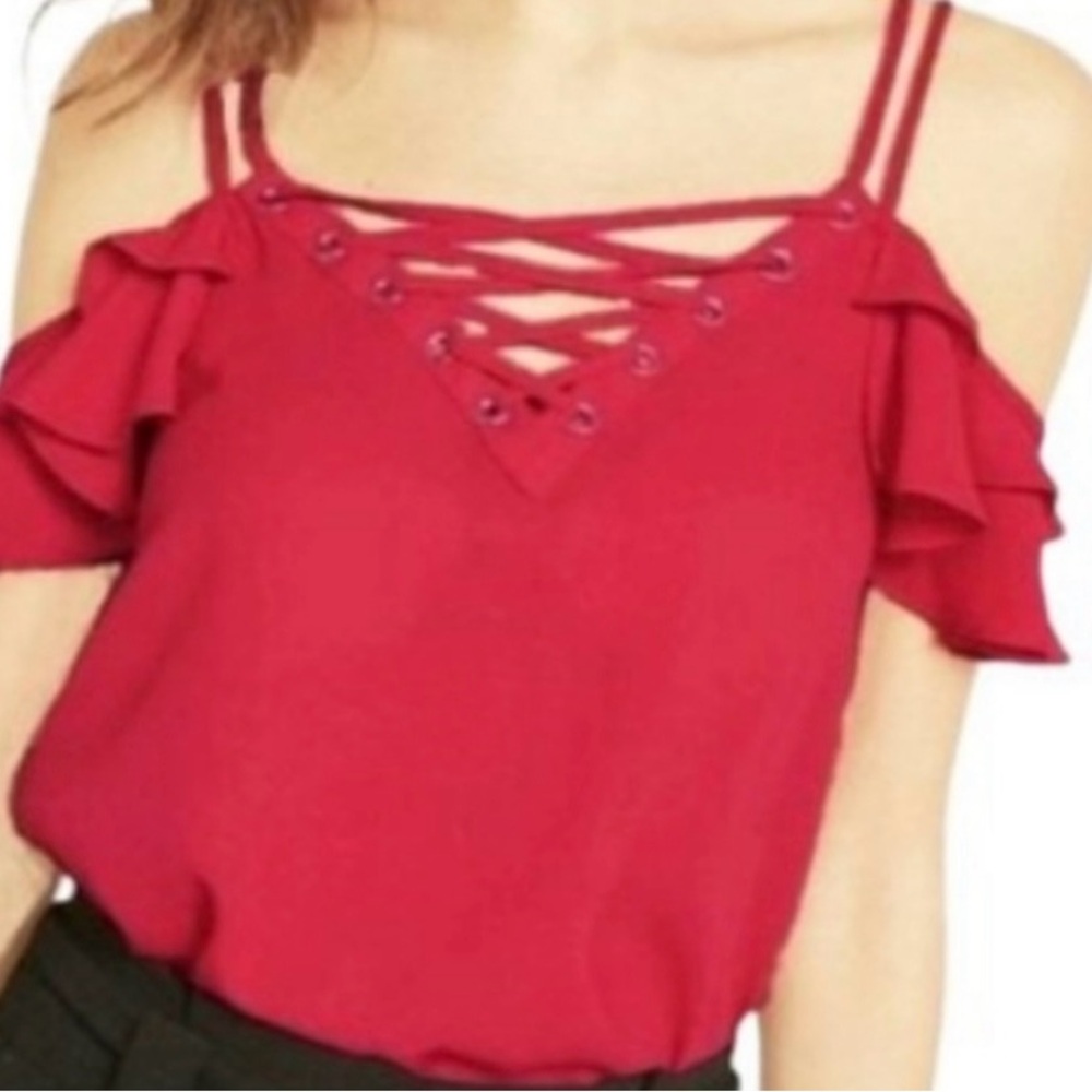Express Cold Shoulder Large Red Ruffled Top - Picture 6 of 6